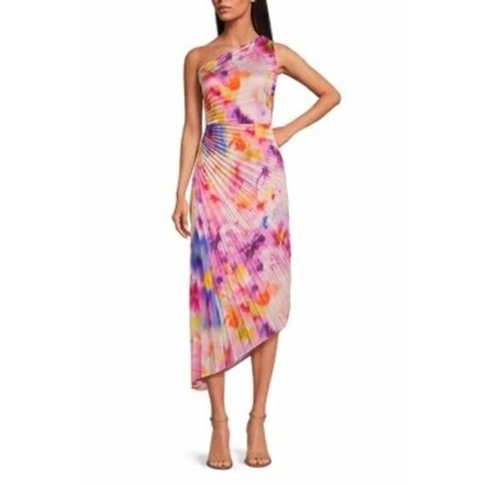 Belle Badgley Mischka One Shoulder Pleated Watercolor Floral Midi Dress Pink 14